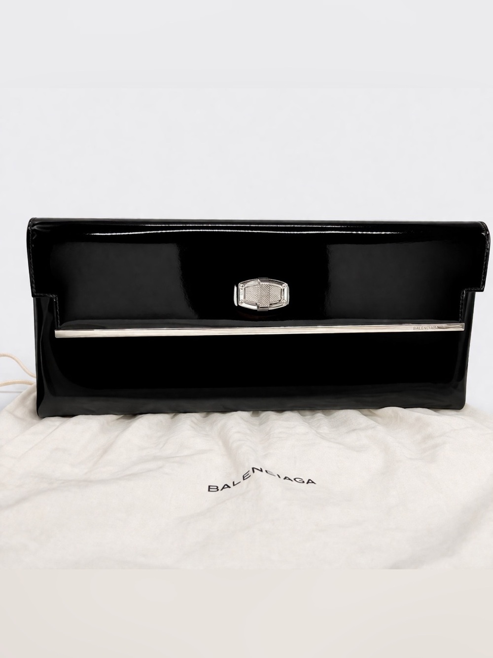 AUTH BALENCIAGA PATENT LEATHER BLACK CLUTCH BAG LONG SILVER LOCK + MIRROR DUSTER - Picture 4 of 16